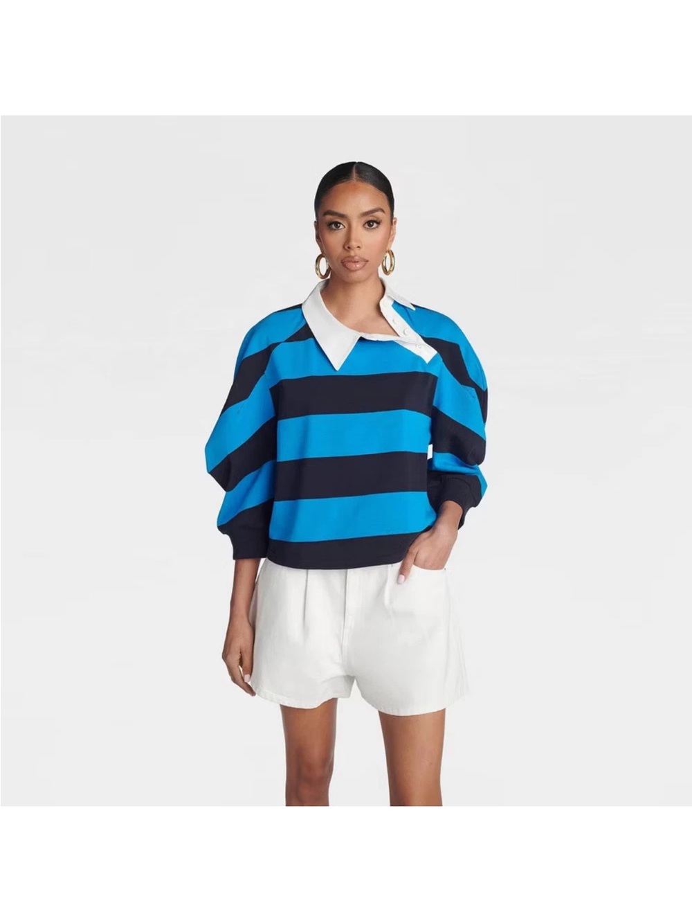 Blue & Navy Striped Polo Sweater Top with White Collar
